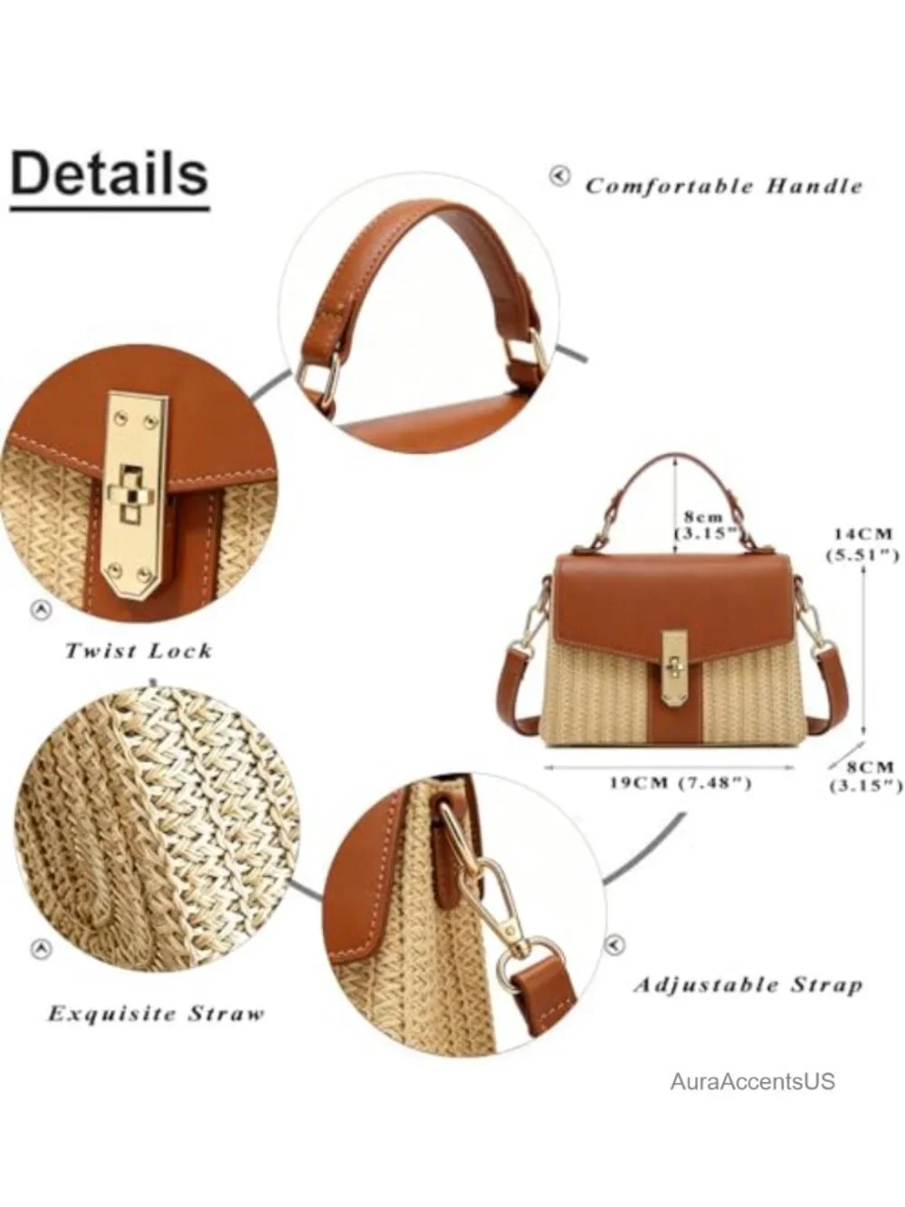 Woven Straw Satchel Crossbody Bag Faux Leather Beach Vacation Handbag